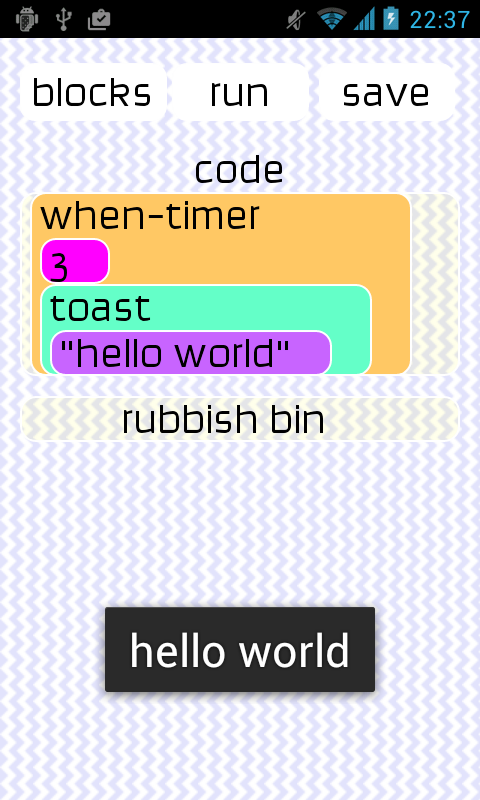 The "Hello World" program, displays every 3 seconds (even when the app is running in the background)