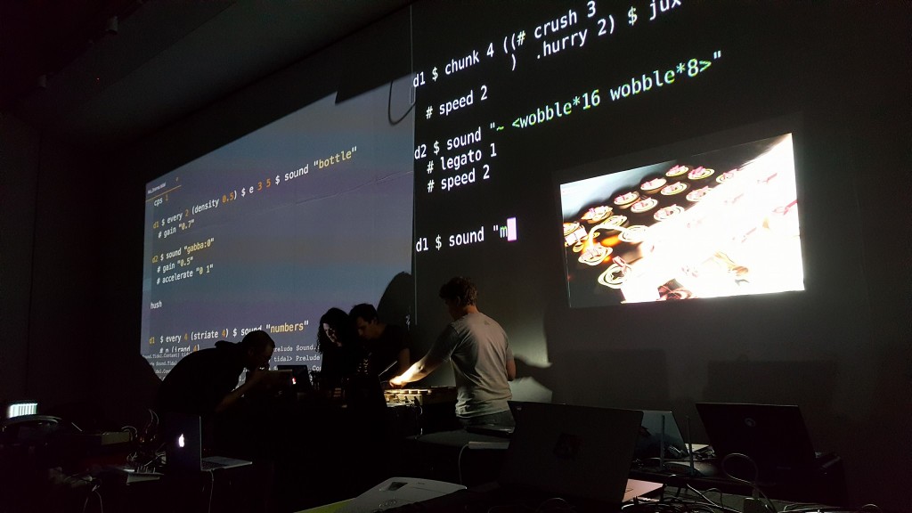 Pattern matrix livecoding as part of slub performance at the Algomech Algorave