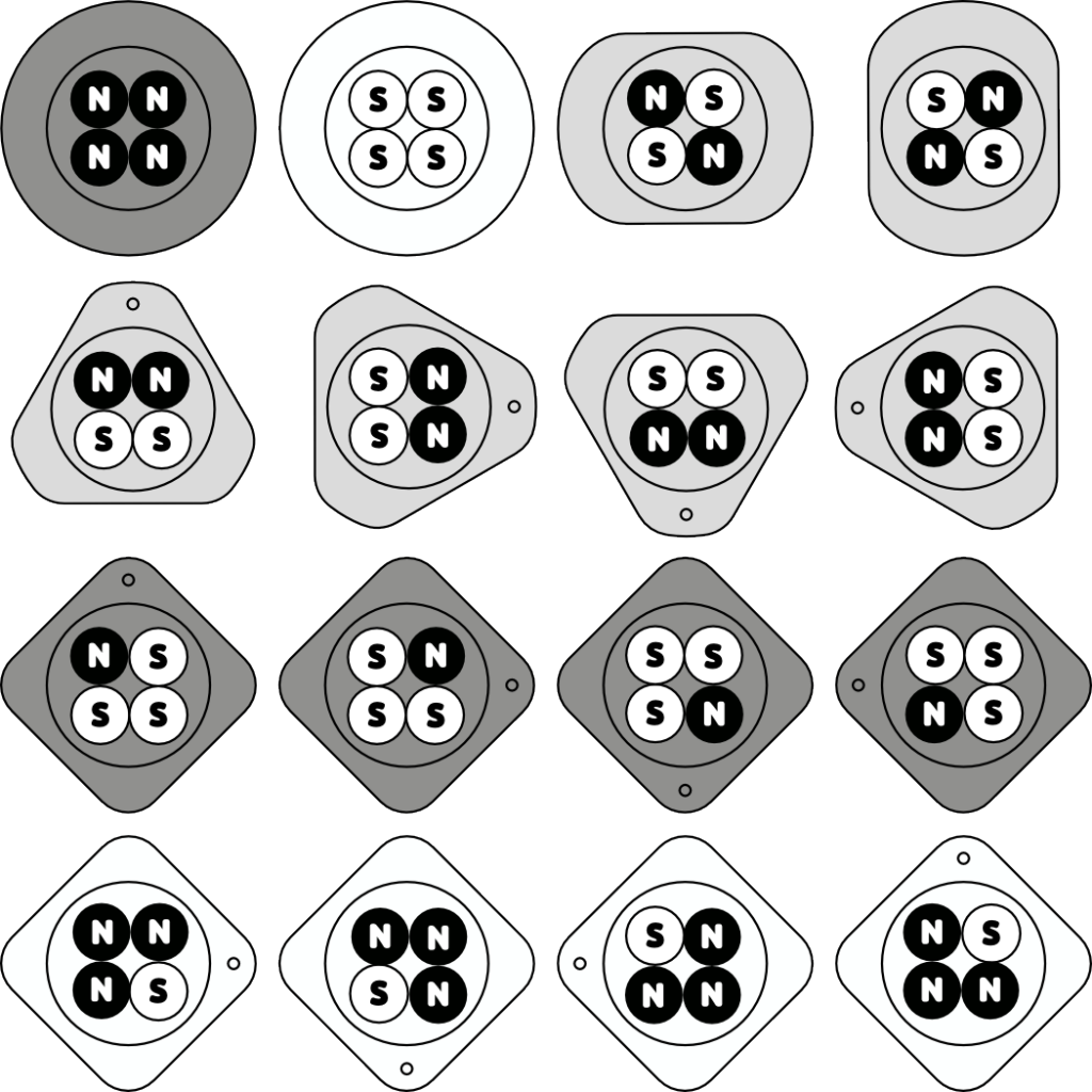 All unique tokens and orientations possible. With mid-grey shapes the flip (which side is up) is irrelevant.